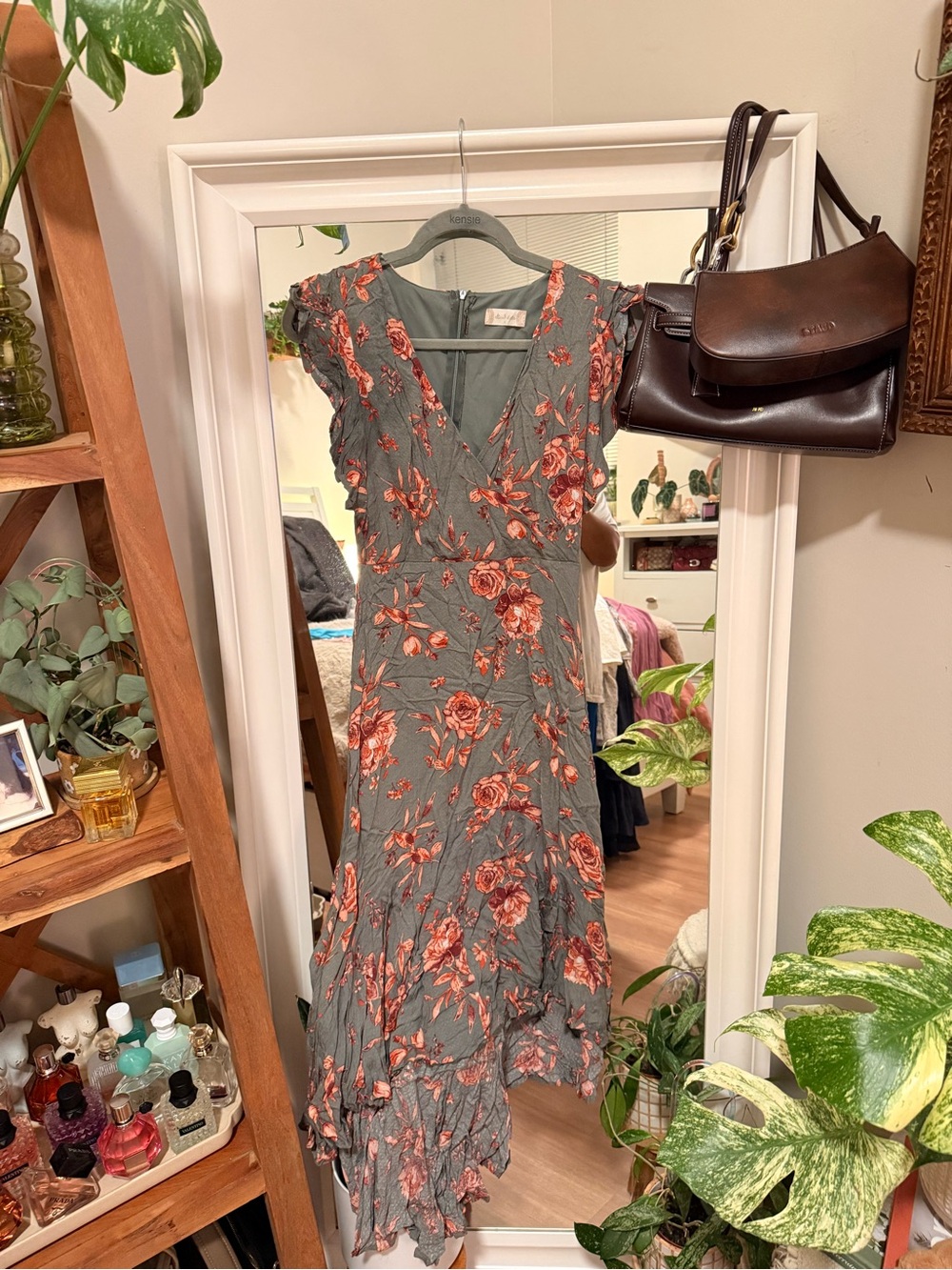 Altar'd State Gray Floral Asymmetrical Ruffle Midi Dress